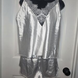Silky Lace-Trim White Satin Cami & Shorts Pajama Set